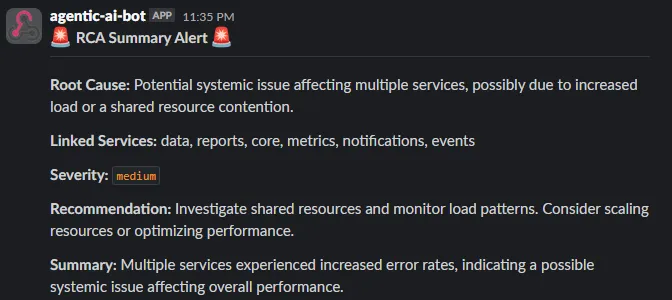 Slack alert from the agentic AI bot reporting a possible systemic incident across multiple services