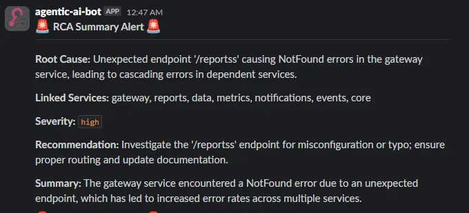 Slack RCA alert identifying the unexpected reports endpoint as the cause of gateway and dependent-service errors