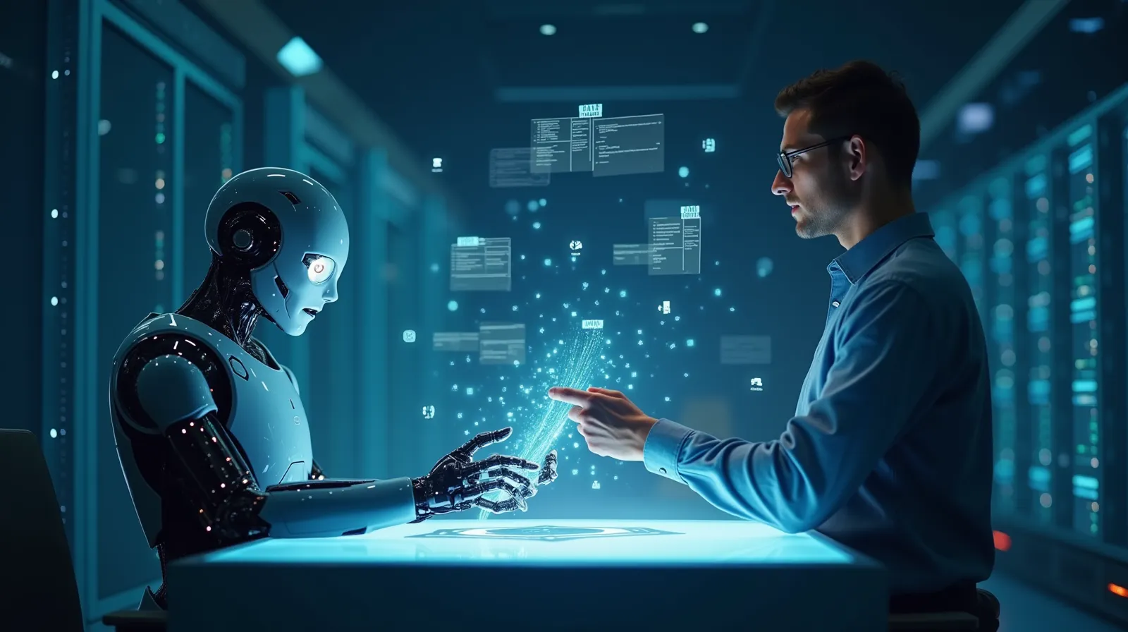 Human and robot collaboratively examining log data in a server room