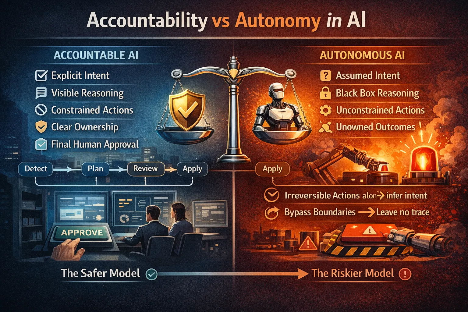Comparison of accountable AI with explicit intent, visible reasoning, constrained actions, ownership, and human approval against autonomous AI with assumed intent and unowned outcomes