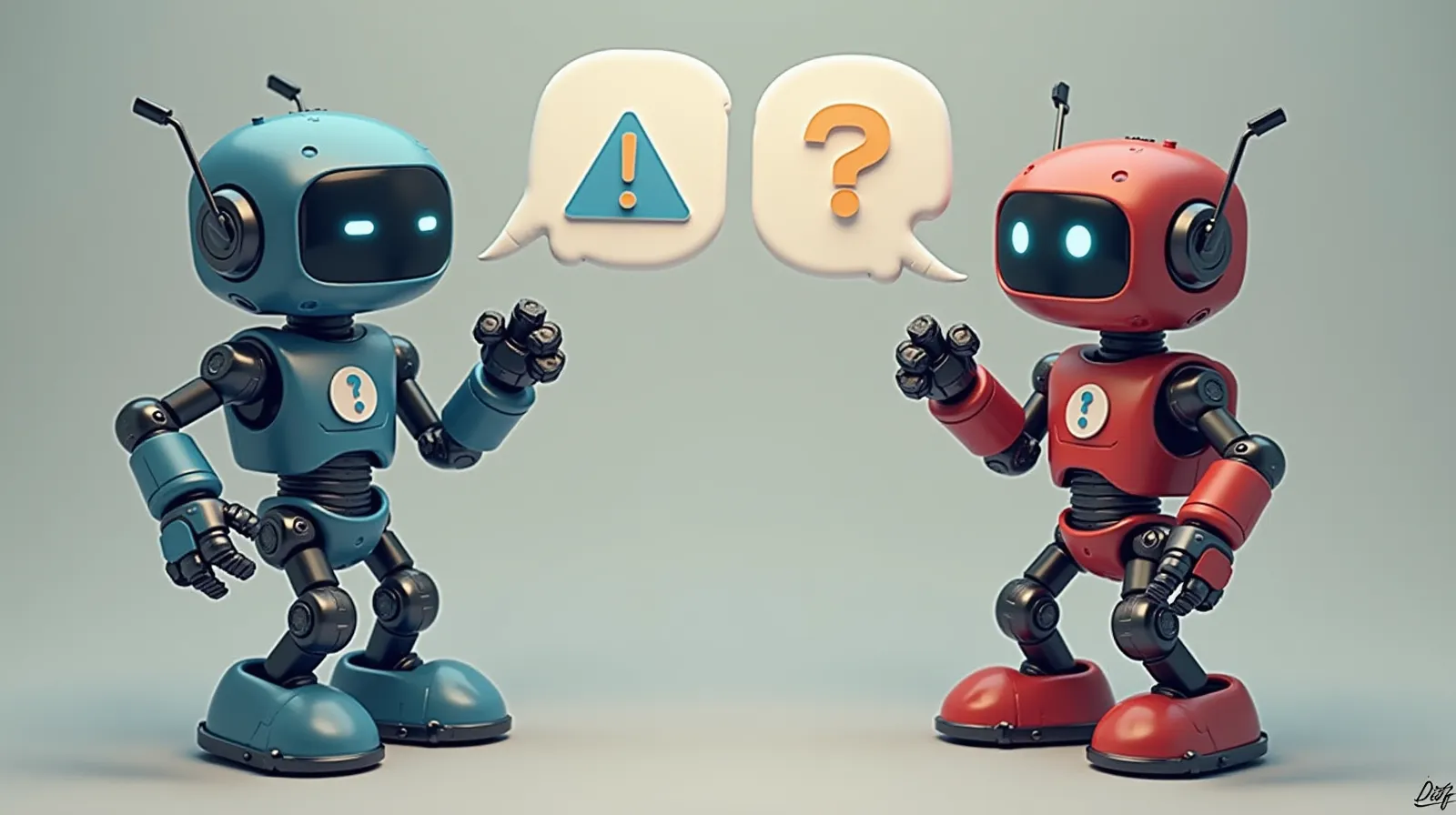 Two robots reviewing warning and question symbols to represent an AI answer being evaluated