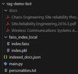 Project tree showing document files, a FAISS index, indexed-document metadata, application code, and persona configuration